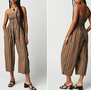 Free People‎ Roaming Shores One Piece Strapless Tube Top Jumpsuit Brown Large